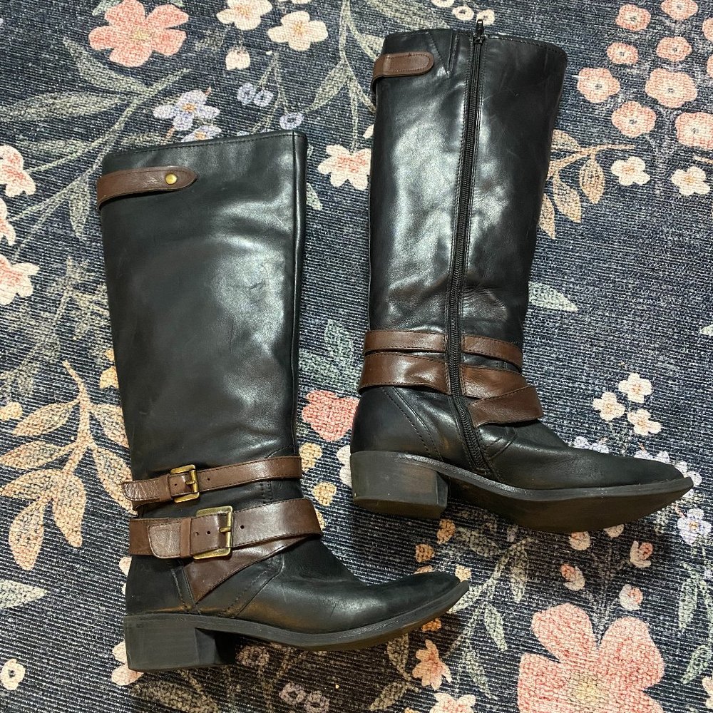 Kelly & Katie Tall Black and Brown Leather Riding Boots, Size 6.5